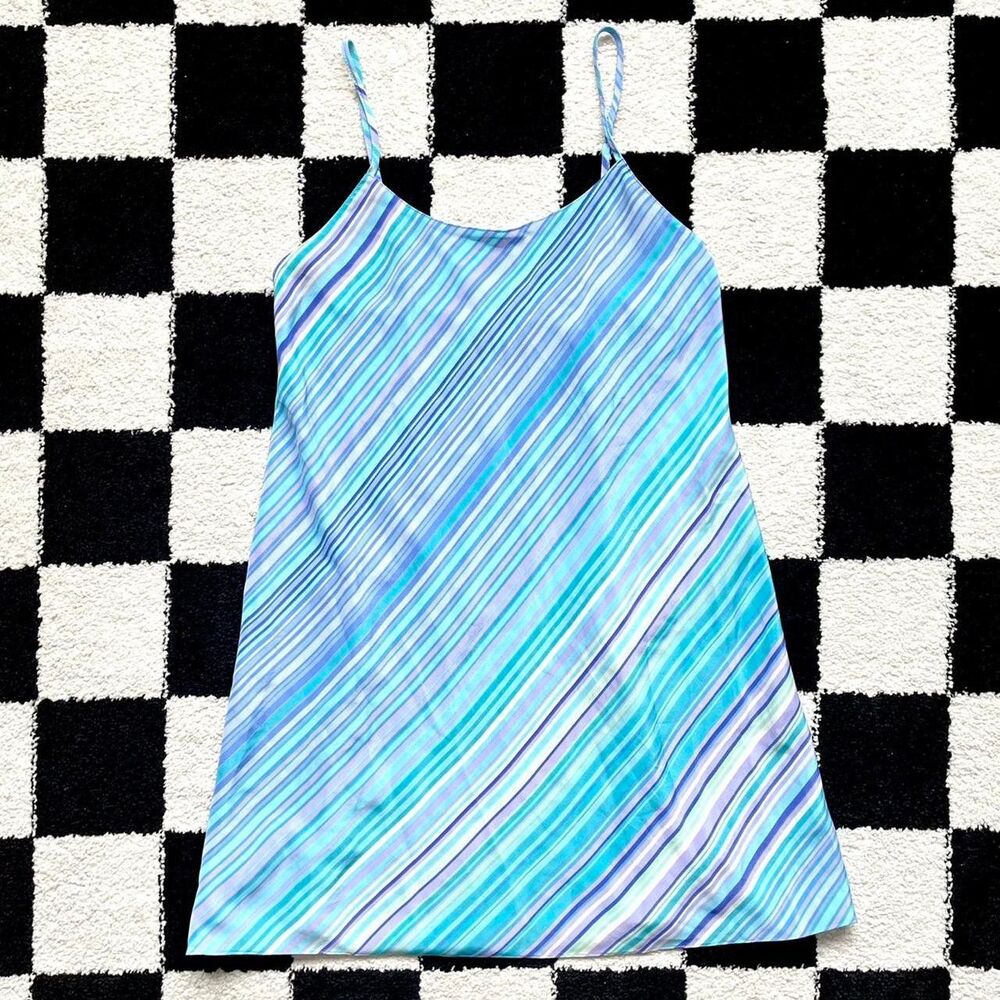 Oscar de la Renta Blue and Turquoise Striped Mini Slip Dress